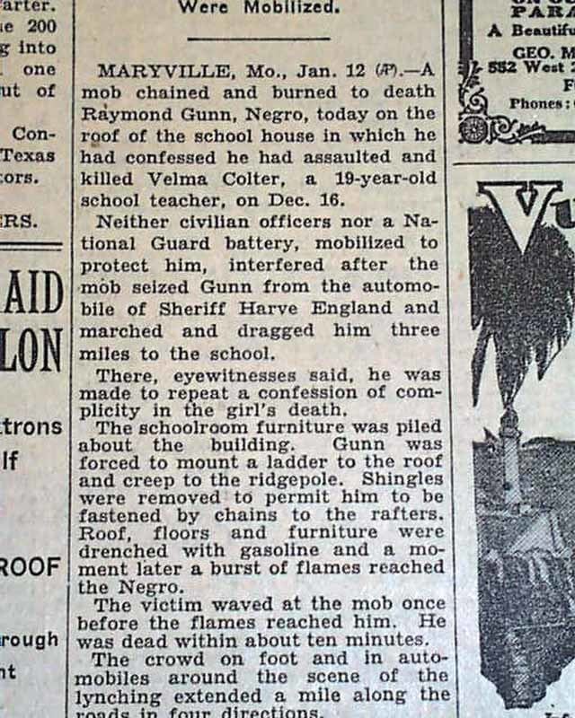 Raymond Gunn 1931 Maryville Missouri lynching RareNewspaperscom