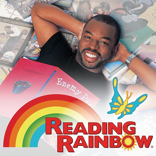 Poster of Reading Rainbow, a 1983 American educational children's television series featuring the host LeVar Burton smiling while lying on books and a book named Enemy Pie on his chest, with a beard and mustache, wearing a watch, an earring, and a black shirt.