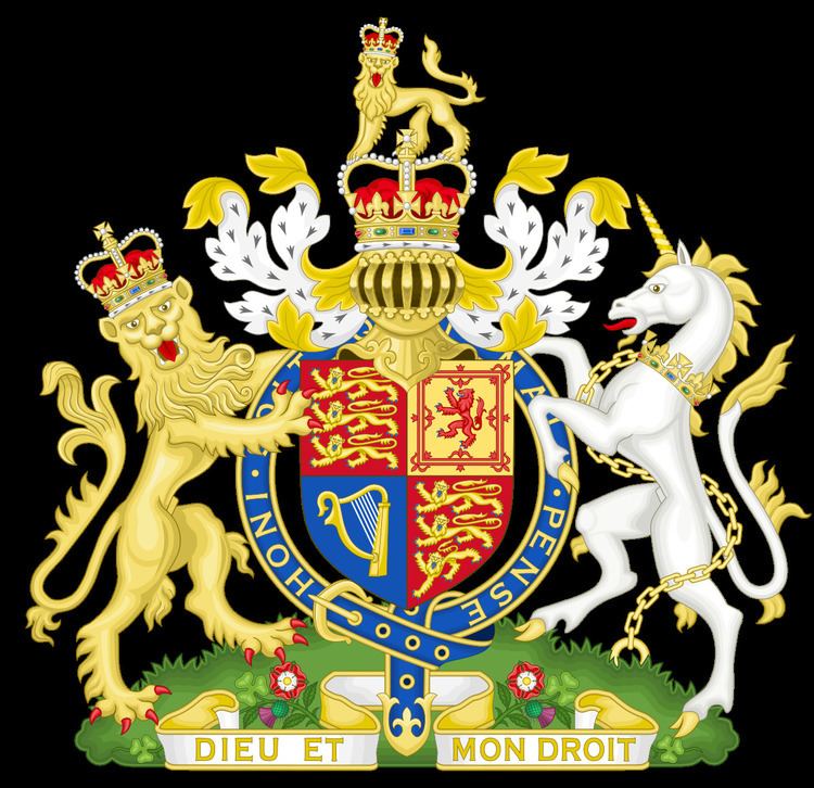 In a black background, Royal coat of arms
of the United Kingdom, 
From left The crest is a statant guardant lion has yellow body wearing the St Edward's Crown,himself on another representation of that crown,  in the middle at the top represent the dexter supporter is a likewise crowned English lion, In the middle, The shield is quartered, depicting in the first and fourth quarters the three passant guardant lions of England, in the second, the rampant lion and double tressure flory-counterflory of Scotland, and in the third, a harp for Ireland. At the right is the sinister, a Scottish unicorn that has yellow horns and yellow hairs and a tail that has a crown on its neck with a gold chain. In the greenery below, a thistle, Tudor rose and shamrock are depicted, representing Scotland, England and Ireland respectively. This armorial achievement comprises the motto, in French, of English monarchs, Dieu et mon droit (God and my right), which has descended to the present royal family as well as the Garter circlet which surrounds the shield, inscribed with the Order's motto, in French, Honi soit qui mal y pense (Shame on him who thinks evil of it).