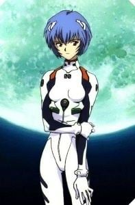 Rei Ayanami with a serious face, blue hair, and wearing a white and black outfit.