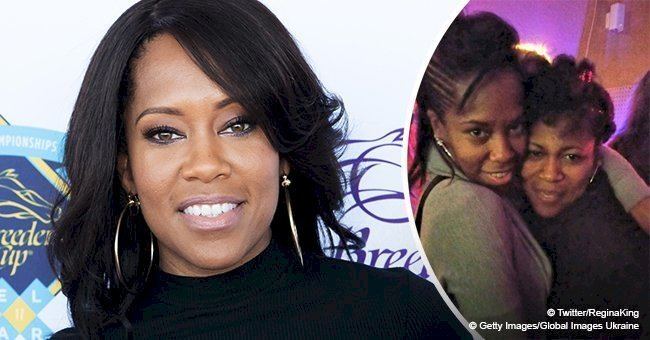On the left, Reina King is smiling, with wavy black hair, wearing loop earrings and a black turtleneck top. On the right, Reina and Regina King are smiling while hugging each other. Regina is wearing loop earrings and a gray top while Reina is wearing earrings and a black top.