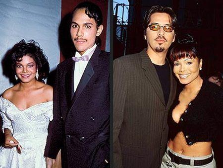 On the left, Janet Jackson and James DeBarge are smiling while Janet with black curly hair is wearing a white dress and earrings and James with a mustache and beard is wearing a white long sleeve under a purple bow tie and a black coat. On the right, Janet is smiling and René Elizondo Jr. looking seriously with a mustache and beard. Janet is wearing a black blazer that exposes her cleavage, earrings, denim pants with a black belt while René is wearing sunglasses and a black shirt under a brown striped coat