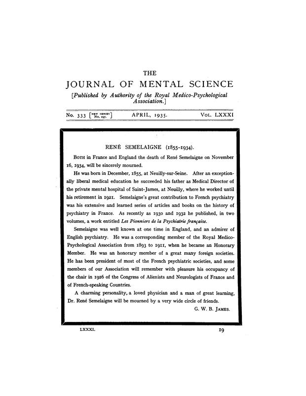 René Semelaigne Ren Semelaigne 18551934 The British Journal of Psychiatry