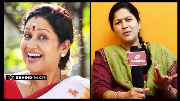 On the left Renuka's big smile while her hair tied back and on the right Renuka holding a microphone while wearing maroon and green dress