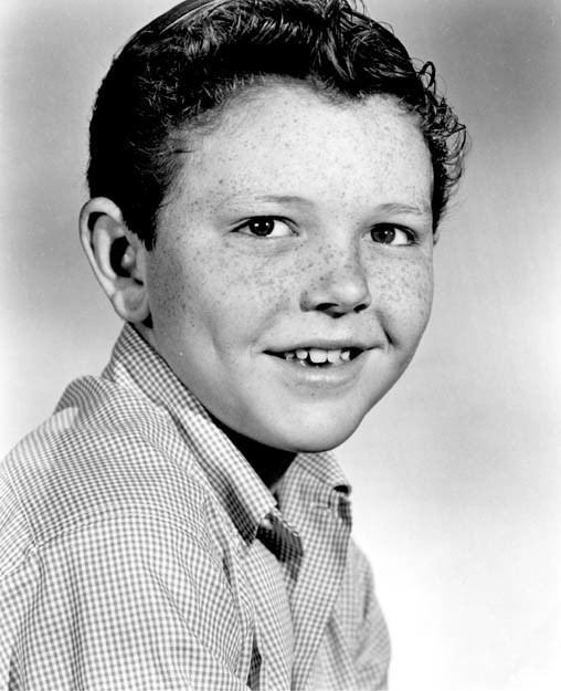 Young Richard Eyer smiling with freckles on his face, a child actor between 1950's and 1960's, wearing a checkered polo.