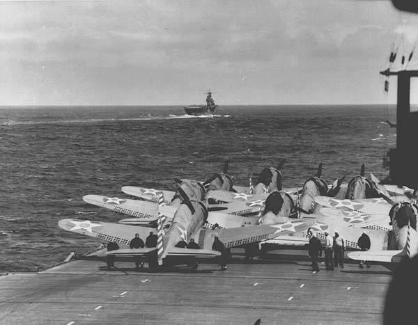 SBD-2s on Enterprise, April, 1942, Hornet in the background