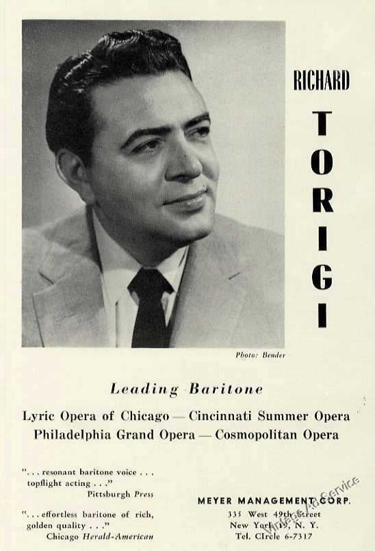 Richard Torigi 1959 Richard Torigi Photo Leading Baritone Vintage Booking Ad
