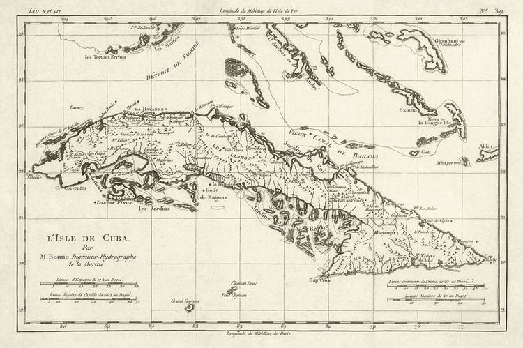 The map of L'Isle de Cuba, On a brown paper has grid lines, black lines has a long land with small islands, with a word written L'Isle de Cuba on the bottom left.