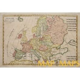 The Antique map of Europe on a white background is a map has grid lines, black lines, and a lands in green, yellow and pink color, with the names on it at the bottom is a word written MAP MAPS