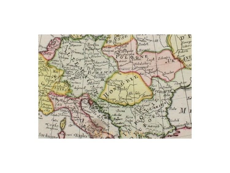 The Antique map of Europe, On a white background is a map has grid lines, black lines, and a lands in green, yellow and pink color, with the names on it.