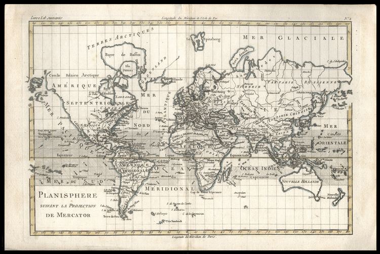 On a brown paper Has grid lines, black A fine example of Rigobert Bonne and G. Raynal’s 1780 map of the world on a Mercator Projection. Offers a fairly advanced perspective of the world showing the most recent discoveries and explorations.