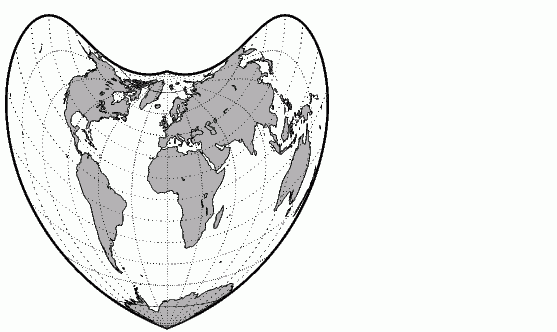 Rigobert Bonne projection of The regions with the least degree of distortion are those where the circles are less distorted. On a white background is a distorted globe, gas black lines and gray lands and grind lines.