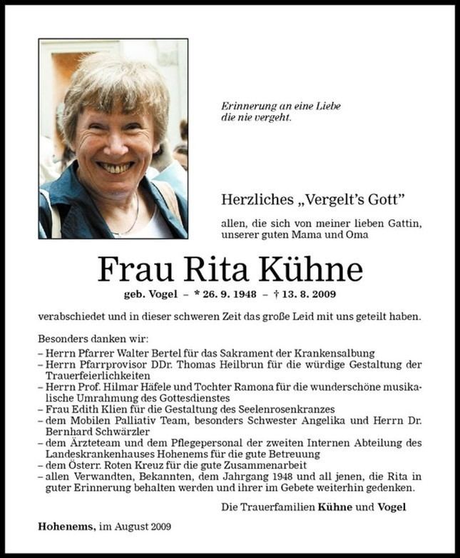 Rita Kühne Rita Khne Danksagung VN Todesanzeigen