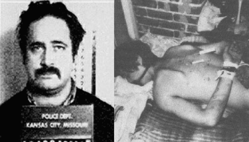 On the left, Robert Berdella mugshot while on the right, James Ferris being bound, gagged and injected