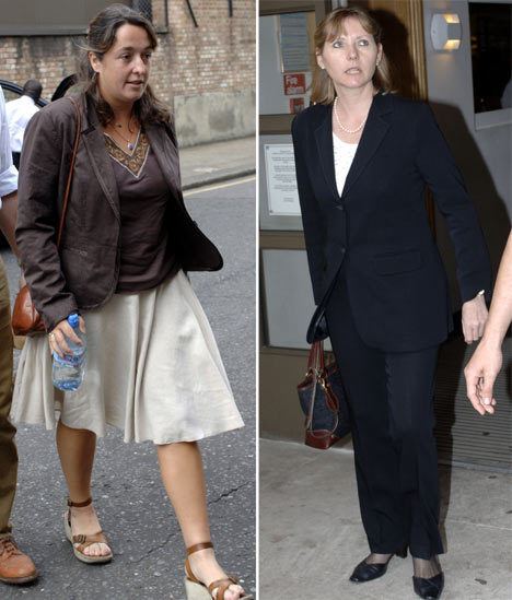 On the left, Sarah Smith smiling while walking and holding a water bottle, with a half updo hairstyle, and wearing a necklace, earrings, sandals, a white skirt, and a brown blouse under a brown blazer. On the right, a woman carrying a bag with a serious face while wearing a black coat with a white inner blouse, black pants, and black heels