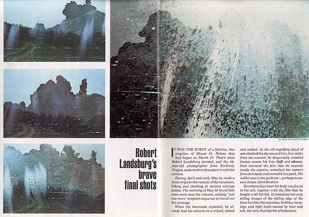A newspaper story telling about Robert Landsburgs death while capturing The eruption of Mount St Helens in 1980.
