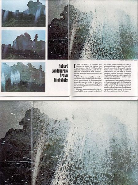 A newspaper story telling about Robert Landsburgs death while capturing The eruption of Mount St Helens in 1980.