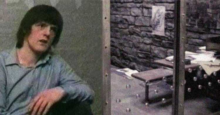 On the left, Robert John Maudsley wearing blue long sleeves. On the right, a picture of his cell.