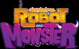 The title screen for Nickelodeon's Robot and Monster in font colors of Yellow and Violet, a 2012 American CGI animated television series created by Dave Pressler, Joshua Sternin and J.R. Ventimilia.