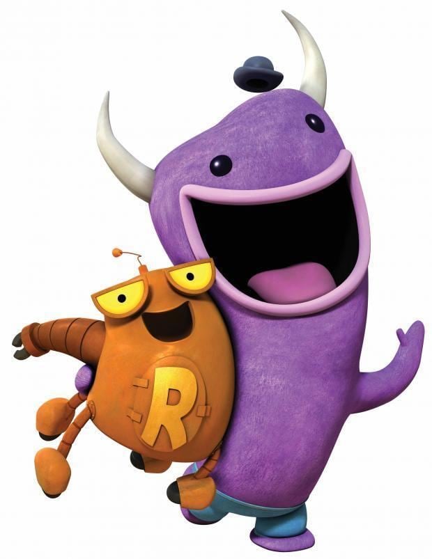 Robot and Monster are smiling happily while Monster (Violet) is carrying Robot (Yellow), the two main characters from a 2012 American CGI animated television series of Nickelodeon created by Dave Pressler, Joshua Sternin and J.R. Ventimilia.