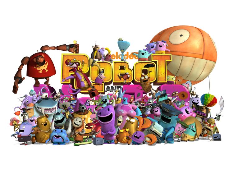 A digital image of Robot and Monster (center) with the whole casts of Nickelodeon's Robot and Monster, a 2012 American CGI animated television series created by Dave Pressler, Joshua Sternin and J.R. Ventimilia.