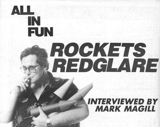 On the left, Rockets Redglare smoking and wearing polo while on the right, a caption " All in fun Rockets Redglare interviewed by Mark Magill"