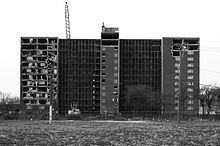 Black and white Rockwell Gardens during demolition