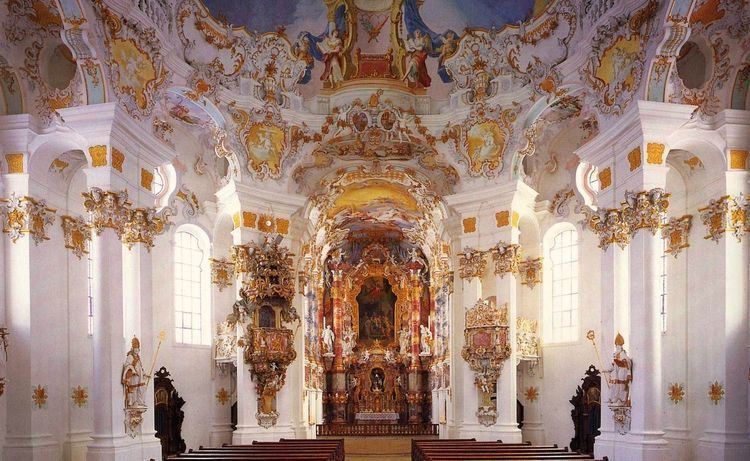 The interior of the Wieskirche, is a gem of German Rococo. On the main altar is the image of the scourged Christ, of impressive realism.