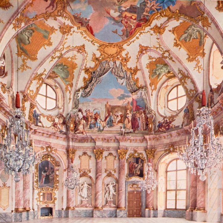 Interiors of Residence Würzburg with a Rococo style of architecture, art, and decoration.