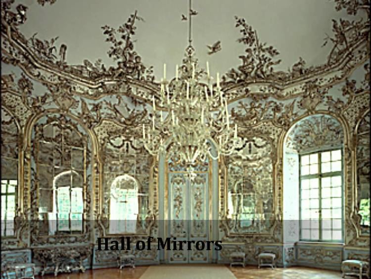 The Amalienburg in the Garden of Nymphenburg Palace in Munich: Hall of Mirrors with a Rococo style of architecture, art, and decoration.