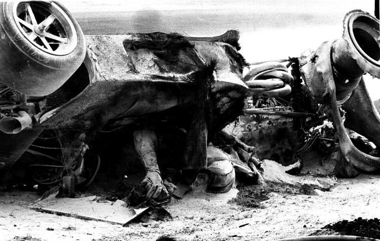 The burned wreckage of Roger Williamson's racing vehicle.