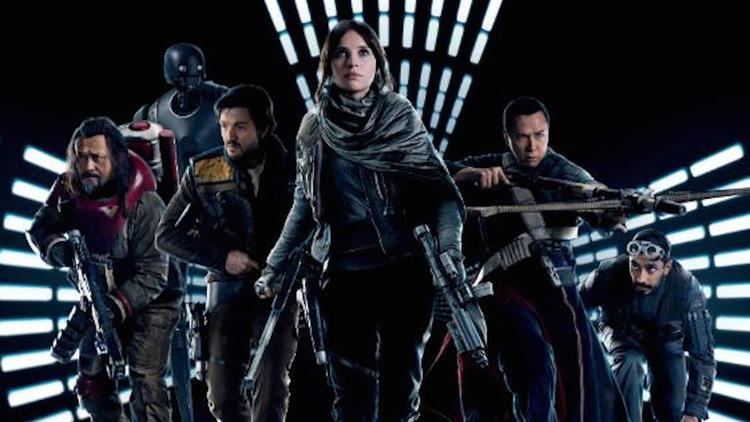 Felicity Jones, Riz Ahmed, Diego Luna, Alan Tudyk, Jiang Wen, Donnie Yen, and Forest Whitaker in the movie of "Rogue One: A Star Wars Story" (2016 film)