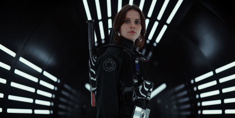 Felicity Jones as Jyn Erso, wearing her black outfit in a movie scene from "Rogue One: A Star Wars Story" (2016 film)