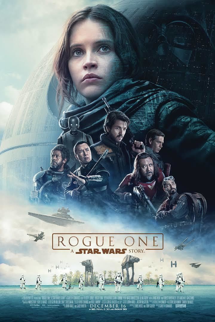 Felicity Jones, Riz Ahmed, Diego Luna, Alan Tudyk, Jiang Wen, Donnie Yen, Forest Whitaker, and Ben Mendelsohn in the movie poster of "Rogue One: A Star Wars Story" (2016 film)