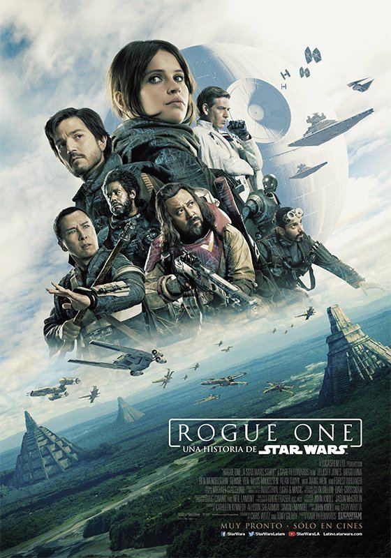 Felicity Jones, Riz Ahmed, Diego Luna, Alan Tudyk, Jiang Wen, Donnie Yen, Forest Whitaker, and Ben Mendelsohn in the movie poster of "Rogue One: A Star Wars Story" (2016 film)