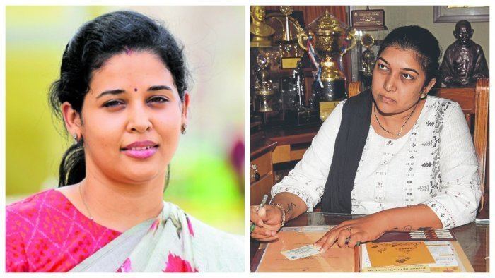 On the left, Rohini Sindhuri smiling and wearing a white and pink dress while, on the right, Shilpa Nag signing on the paper