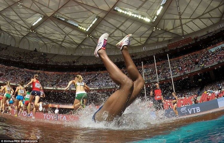 Rolanda Bell Rolanda Bell falls head first into a water jump during 3000m