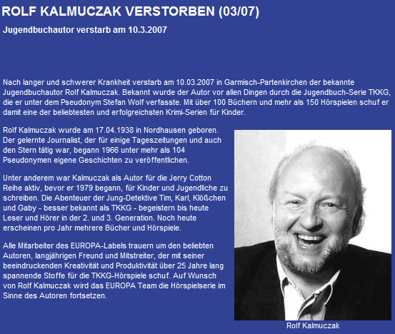 Rolf Kalmuczak Neuigkeiten TKKGAutor Rolf Kalmuczak verstorben TKKG
