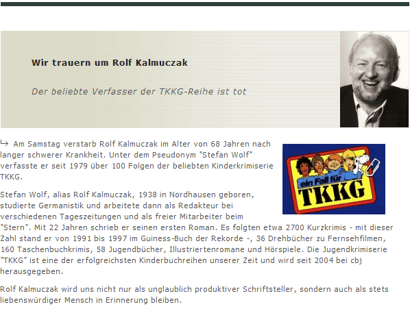 Rolf Kalmuczak Neuigkeiten TKKGAutor Rolf Kalmuczak verstorben TKKG
