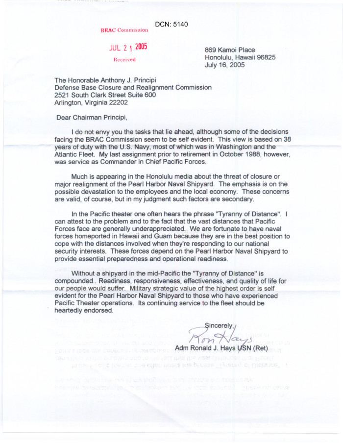 Ronald J. Hays Letter from retired Admiral Ronald J Hays to Chairman Anthony J
