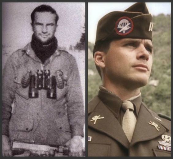 On the left, Ronald Speirs smiling and holding a rifle while on the right, Matthew Settle in the 2001 TV Mini-Series, Band of Brothers