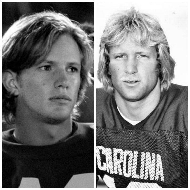 On the left, Ronnie Bass looking afar and wearing a football jersey while, on the right, he has a mustache and wearing a football jersey