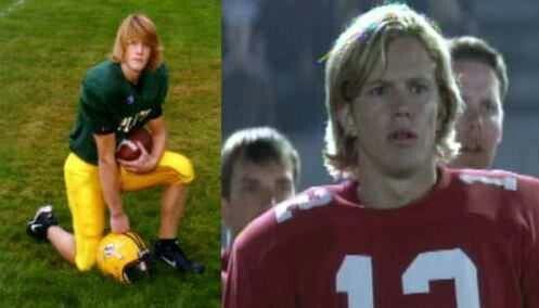 On the left, Ronnie Bass wearing a green and yellow football uniform while, on the right, he is wearing a red football jersey