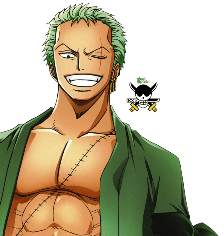 Poster of One Piece, a Japanese manga series featuring Roronoa Zoro smiling, with green hair, wearing earrings and a green robe.