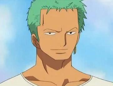 Roronoa Zoro with a serious face, green hair, wearing earrings, and a white shirt in a scene from One Piece, a Japanese manga series.