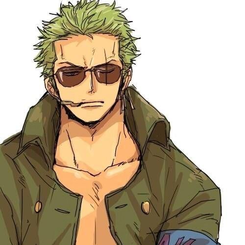 Roronoa Zoro is a fictional character in One Piece,  a Japanese manga series. Roronoa Zoro is smoking a cigarette with a frown face, with green hair, wearing sunglasses, earrings, and a green polo shirt.