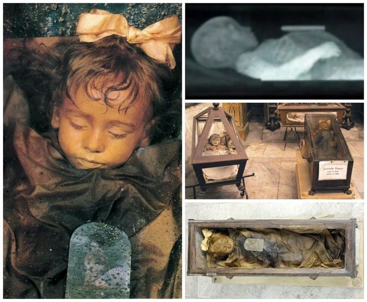 On the left, is the mummy of the little girl Rosalia Lombardo (1918-1920). On the upper right, is an X-ray of Rosalia Lombardo. In the middle right, Capuchin Church, Palermo, Sicily where the mummified body of Rosalia Lombardo was placed. On the bottom right, is the mummy of the little girl Rosalia Lombardo inside a coffin.