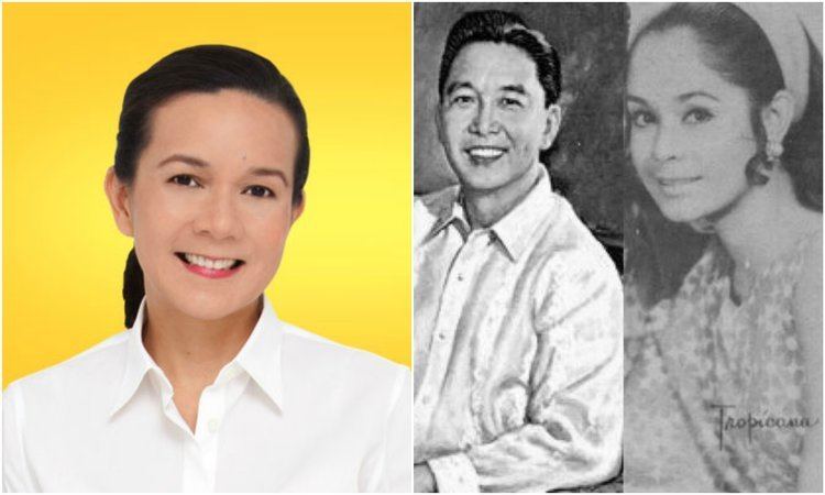 On the left is Grace Poe while smiling next to her is Ferdinand Marcos Sr. and on the right side is Rosemarie Sonora while smiling