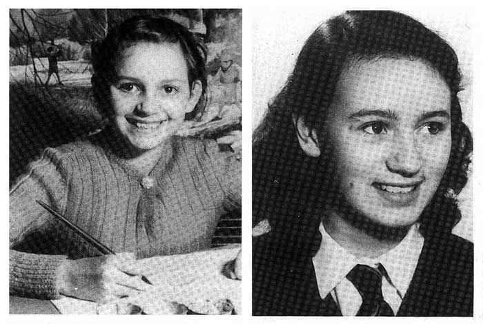 On the left, young Rosemary West smiling while holding a black pen and wearing a knitted long sleeve top. On the right, teen Rosemary West smiling while looking at something, with wavy hair, wearing a black vest over a white long sleeve and black necktie.