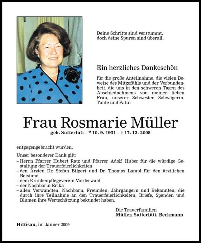 Rosmarie Müller Rosmarie Mller Danksagung VN Todesanzeigen